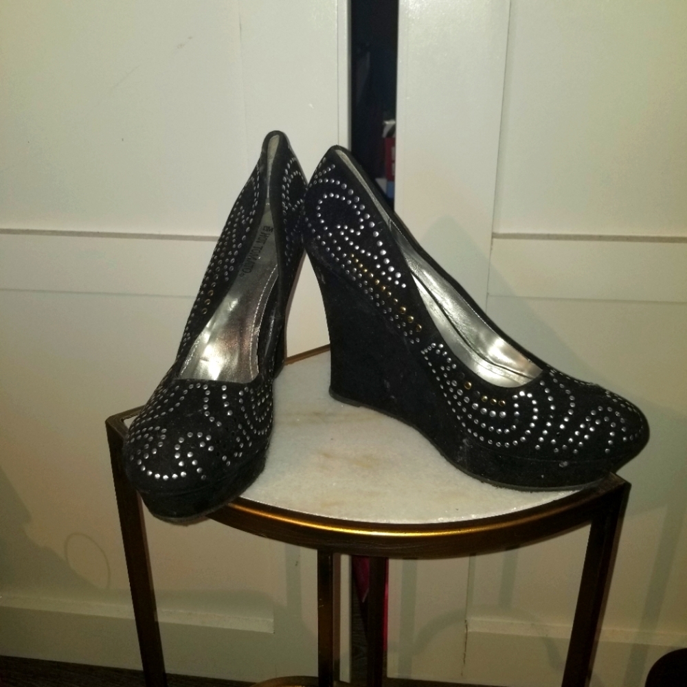 Black Faux Suede Studded Wedges